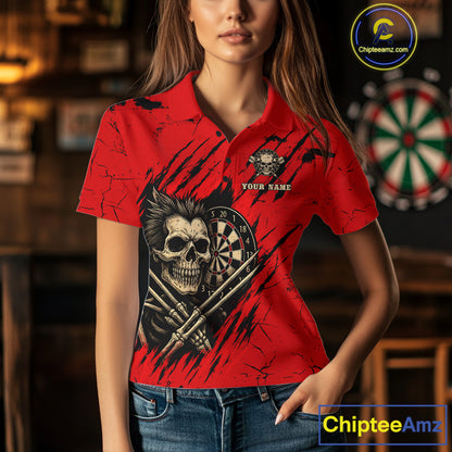 Skull Dartboard Strike Red Women's Darts Team Shirt - Custom Name For Darts Jersey NYN0502