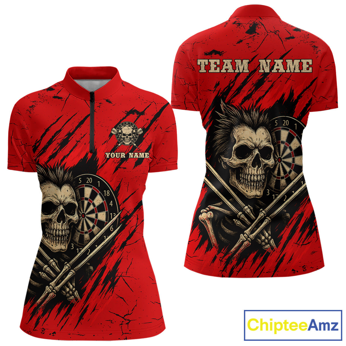 Skull Dartboard Strike Red Women's Darts Team Shirt - Custom Name For Darts Jersey NYN0502