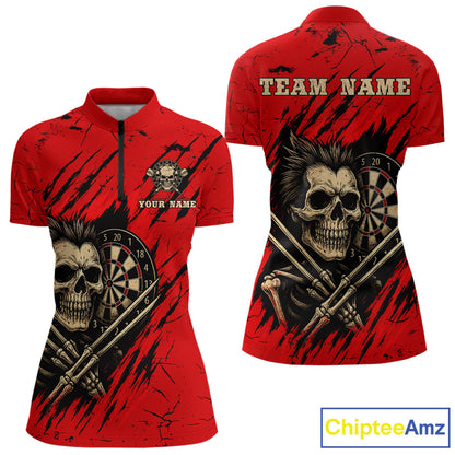 Skull Dartboard Strike Red Women's Darts Team Shirt - Custom Name For Darts Jersey NYN0502
