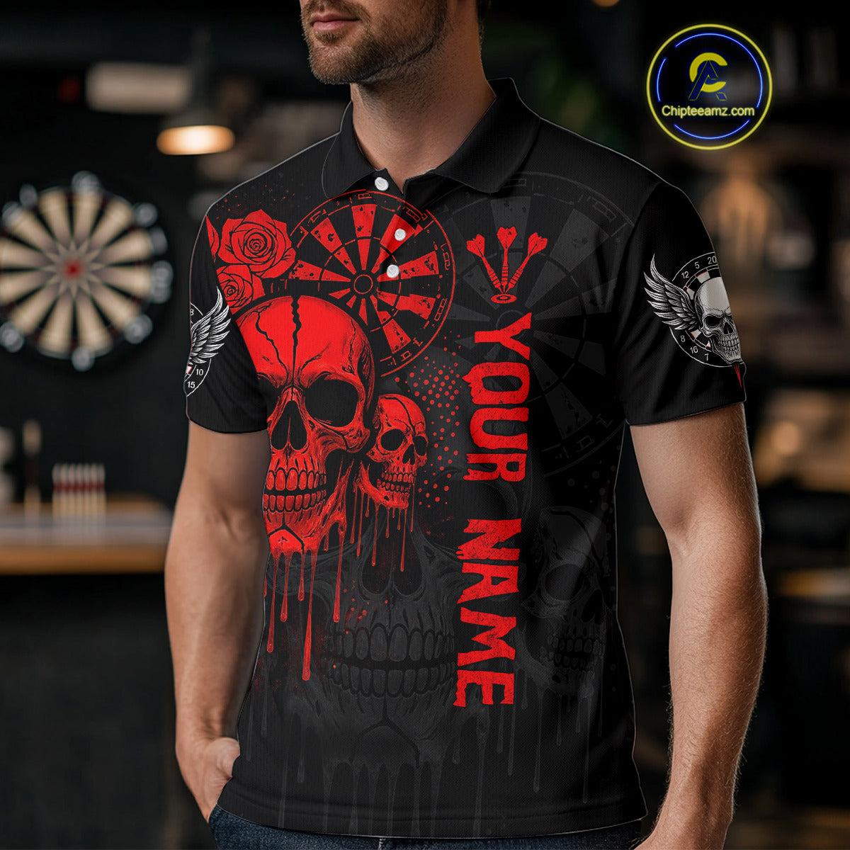 Red Dripping Skulls & Darts Men's Grunge Darts Shirt - Custom Name For Players NYN0510
