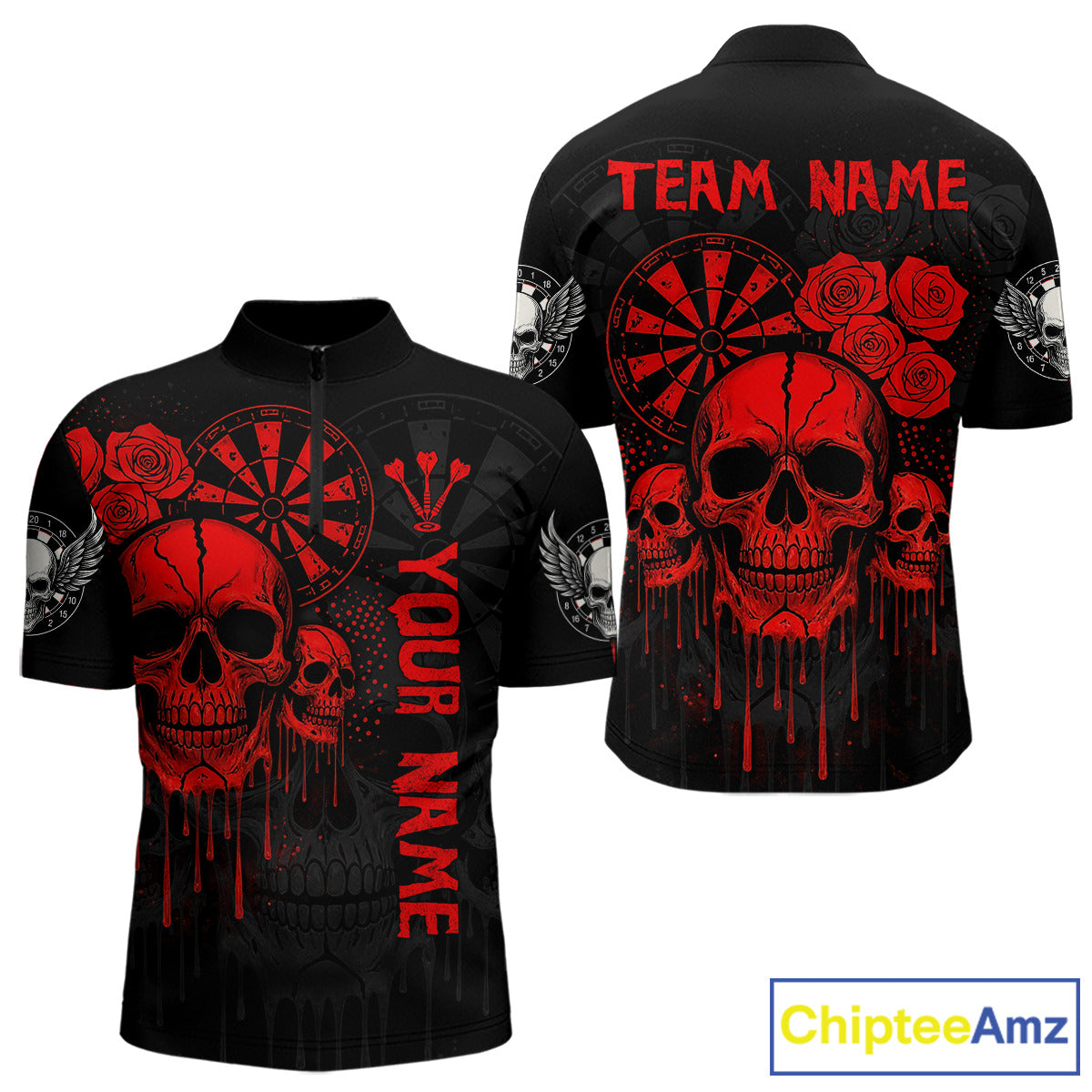 Red Dripping Skulls & Darts Men's Grunge Darts Shirt - Custom Name For Players NYN0510