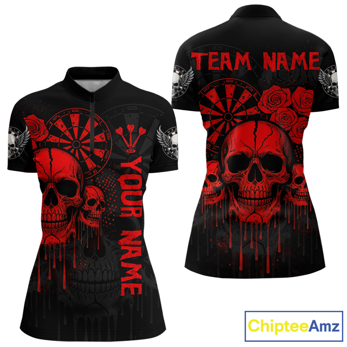 Red Dripping Skulls & Darts Women's Grunge Darts Shirt - Custom Name For Players NYN0510