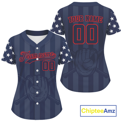 Custom Dark Blue And Red Baseball Shirt For Women Personalized Patriotic Baseball Jersey NYN1382