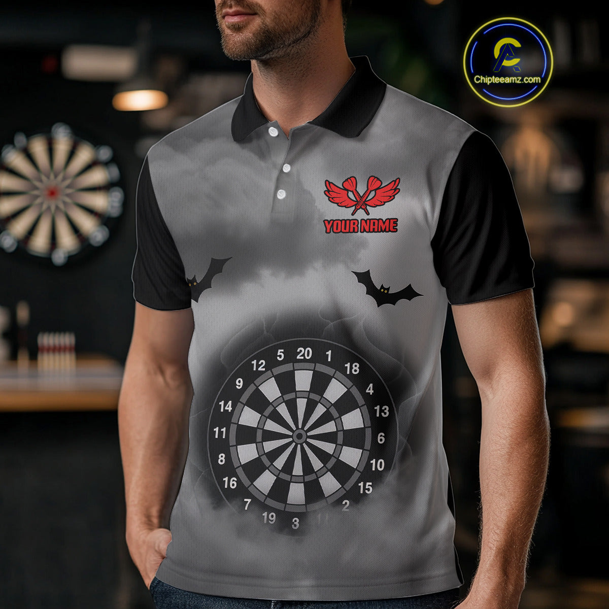 Grim Reaper With Grey Smoke Black Dartboard Darts Shirt For Men - Custom Darts Jersey NYN0535