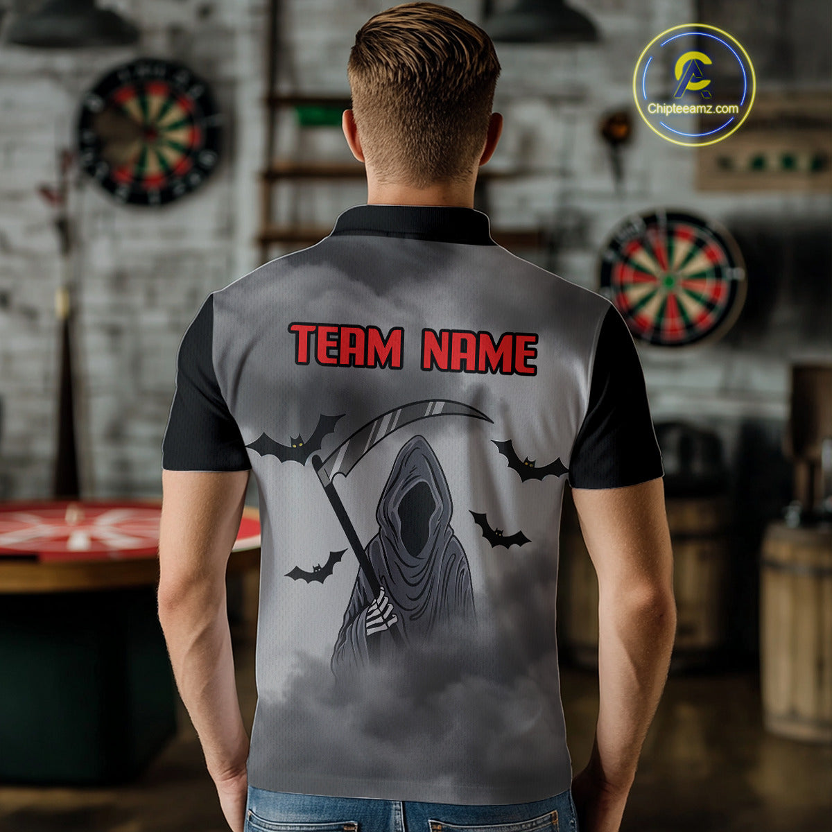 Grim Reaper With Grey Smoke Black Dartboard Darts Shirt For Men - Custom Darts Jersey NYN0535
