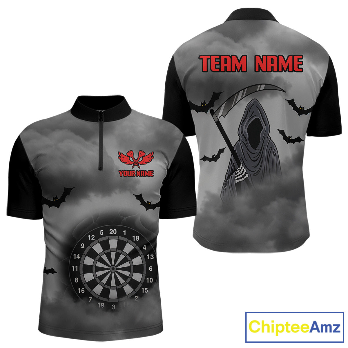 Grim Reaper With Grey Smoke Black Dartboard Darts Shirt For Men - Custom Darts Jersey NYN0535