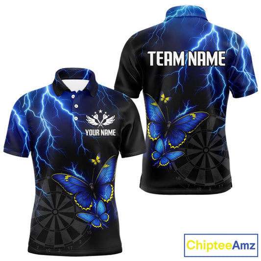 Custom Men Polo Darts Shirt With Navy Lightning & Glowing Butterfly, Darts Jersey NYN1018