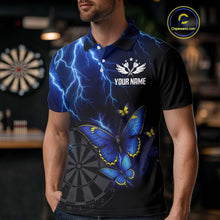 Load image into Gallery viewer, Custom Men Polo Darts Shirt With Navy Lightning &amp; Glowing Butterfly, Darts Jersey NYN1018