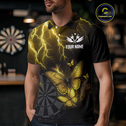Custom Men Polo Darts Shirt With Yellow Lightning & Glowing Butterfly, Darts Jersey NYN1020