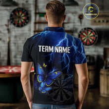 Load image into Gallery viewer, Custom Men Polo Darts Shirt With Navy Lightning &amp; Glowing Butterfly, Darts Jersey NYN1018