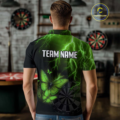 Custom Men Polo Darts Shirt With Emerald Lightning & Glowing Butterfly, Darts Jersey NYN1021