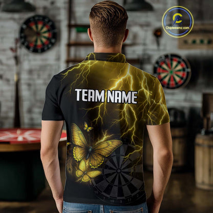 Custom Men Polo Darts Shirt With Yellow Lightning & Glowing Butterfly, Darts Jersey NYN1020
