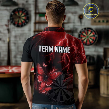 Custom Men Polo Darts Shirt With Maroon Lightning & Glowing Butterfly, Darts Jersey NYN1019