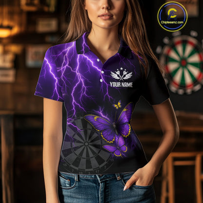 Custom Women's Darts Shirt With Violet Lightning & Glowing Butterfly, Darts Jersey NYN0286