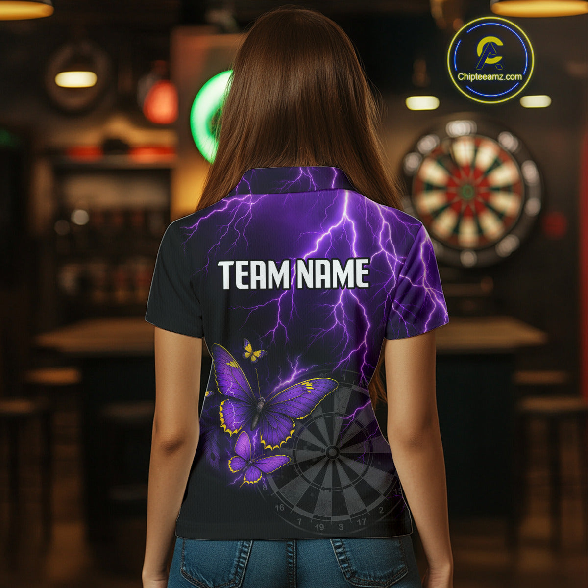 Custom Women's Darts Shirt With Violet Lightning & Glowing Butterfly, Darts Jersey NYN0286