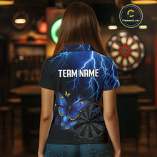 Load image into Gallery viewer, Custom Women&#39;s Polo Darts Shirt With Navy Lightning &amp; Glowing Butterfly, Darts Jersey NYN1018
