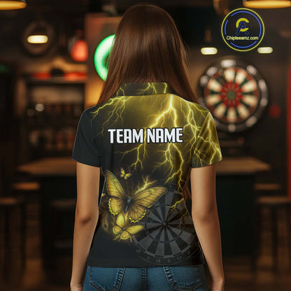 Custom Women's Polo Darts Shirt With Yellow Lightning & Glowing Butterfly, Darts Jersey NYN1020