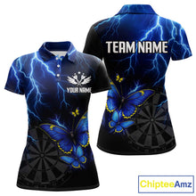 Load image into Gallery viewer, Custom Women&#39;s Polo Darts Shirt With Navy Lightning &amp; Glowing Butterfly, Darts Jersey NYN1018