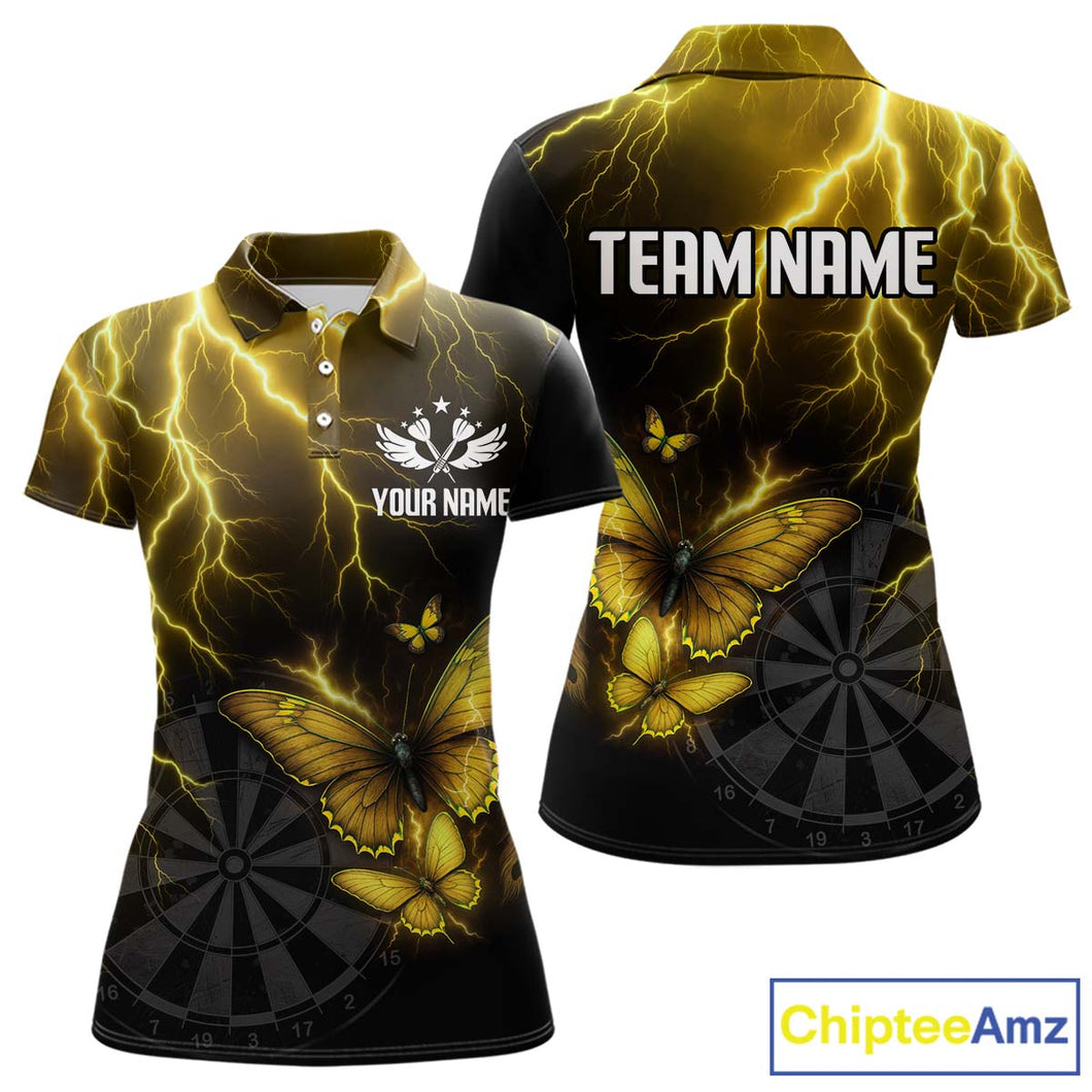 Custom Women's Polo Darts Shirt With Yellow Lightning & Glowing Butterfly, Darts Jersey NYN1020