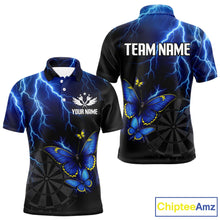 Load image into Gallery viewer, Custom Men Polo Darts Shirt With Navy Lightning &amp; Glowing Butterfly, Darts Jersey NYN1018