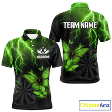 Load image into Gallery viewer, Custom Men Polo Darts Shirt With Emerald Lightning &amp; Glowing Butterfly, Darts Jersey NYN1021