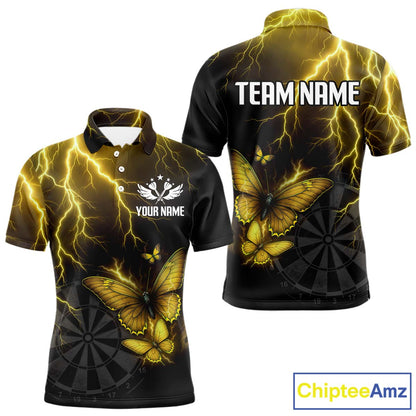 Custom Men Polo Darts Shirt With Yellow Lightning & Glowing Butterfly, Darts Jersey NYN1020