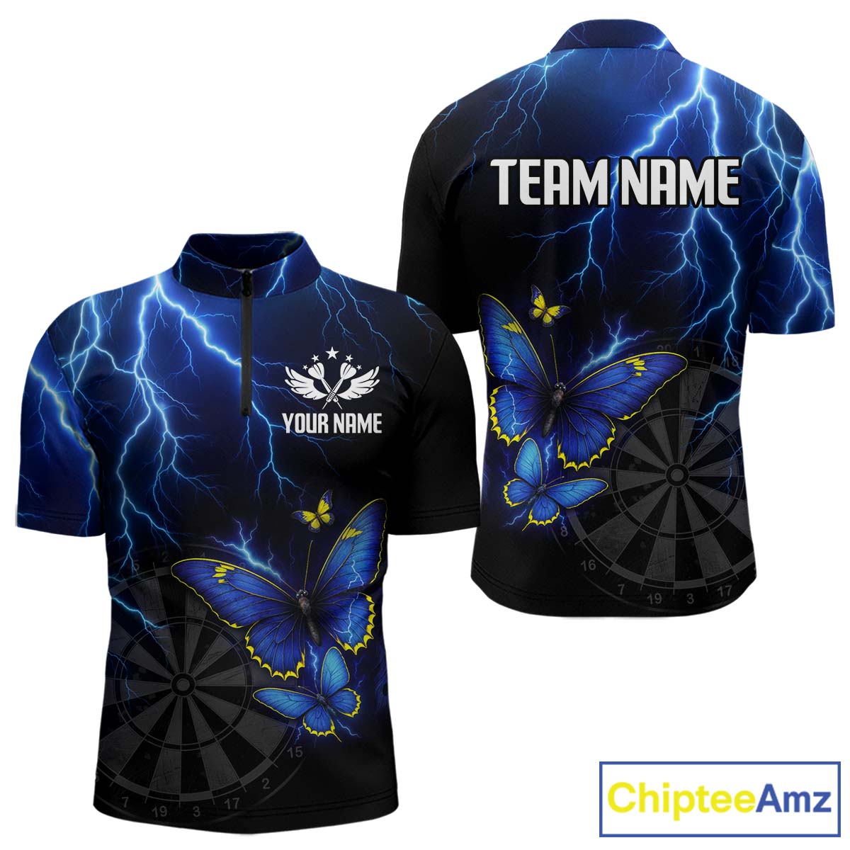 Custom Men 1/4-Zip Darts Shirt With Navy Lightning & Glowing Butterfly, Darts Jersey NYN1018