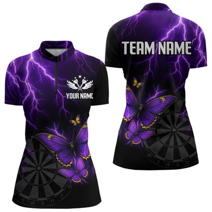 Custom Women's Darts Shirt With Violet Lightning & Glowing Butterfly, Darts Jersey NYN0286