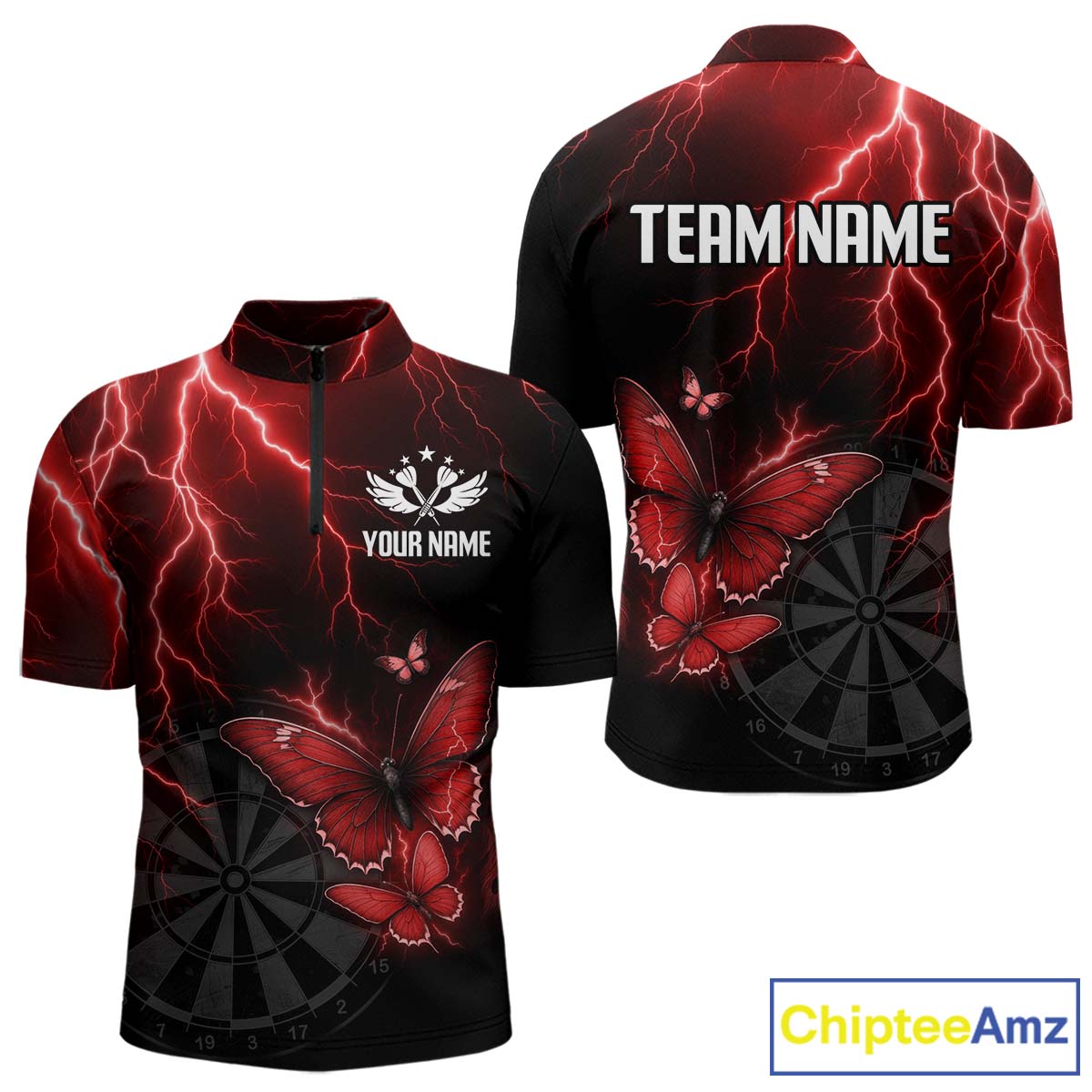 Custom Men 1/4-Zip Darts Shirt With Maroon Lightning & Glowing Butterfly, Darts Jersey NYN1019