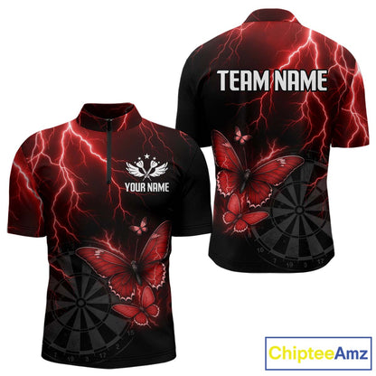 Custom Men 1/4-Zip Darts Shirt With Maroon Lightning & Glowing Butterfly, Darts Jersey NYN1019