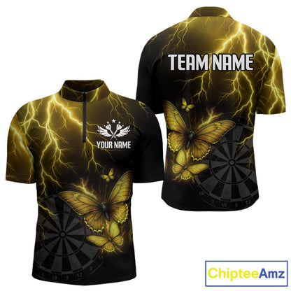 Custom Men 1/4-Zip Darts Shirt With Yellow Lightning & Glowing Butterfly, Darts Jersey NYN1020
