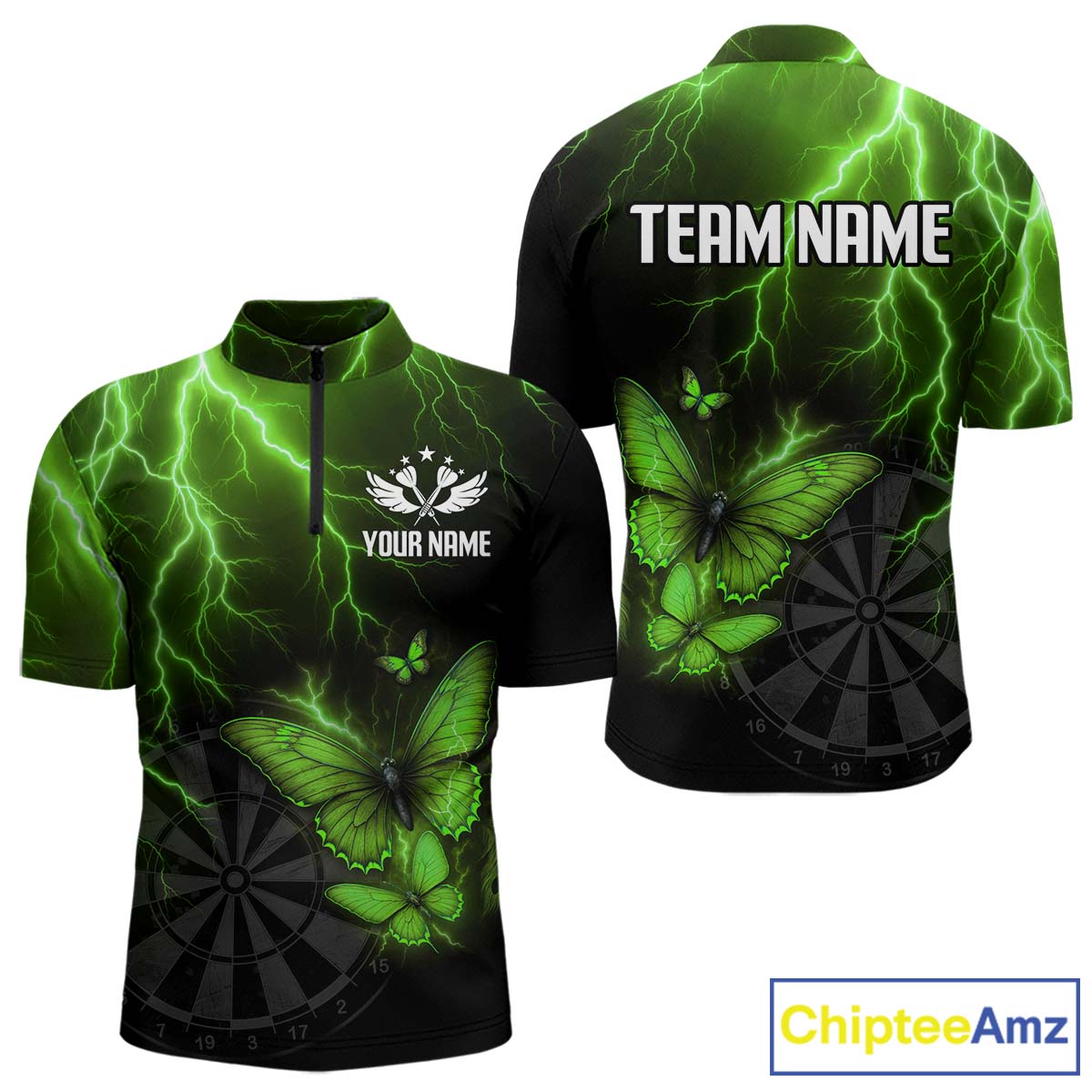 Custom Men 1/4-Zip Darts Shirt With Emerald Lightning & Glowing Butterfly, Darts Jersey NYN1021