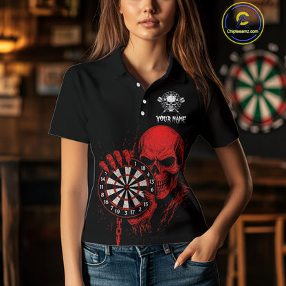 Custom Women's Darts Shirt With Blood Skull Holding Dartboard, Darts Jersey NYN0294