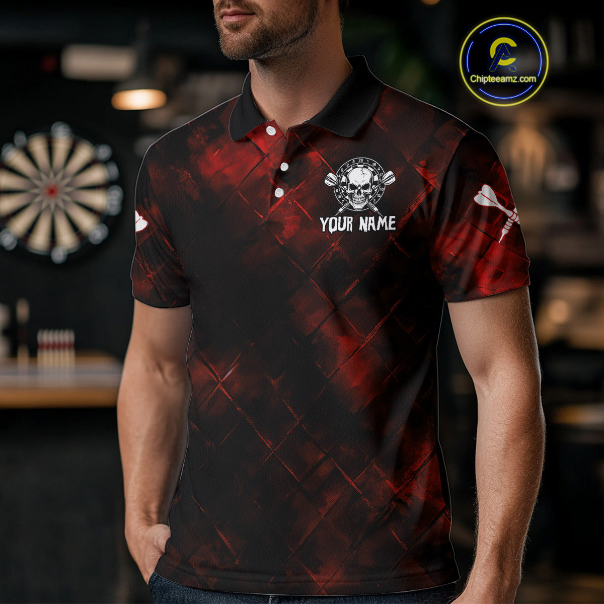 Men's Custom Darts Team Shirt - Skull & Dartboard Graphic With Grunge Red Pattern NYN0320