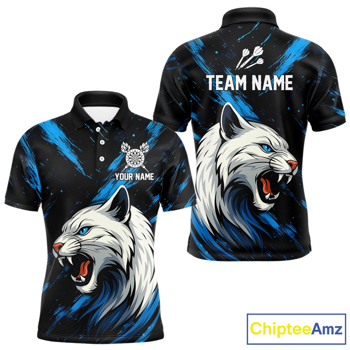 Men's Custom Darts Shirt - Ivory Panther With Dartboard & Blue Grunge Pattern NYN0331