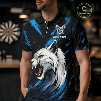 Men's Custom Darts Shirt - Ivory Panther With Dartboard & Blue Grunge Pattern NYN0331