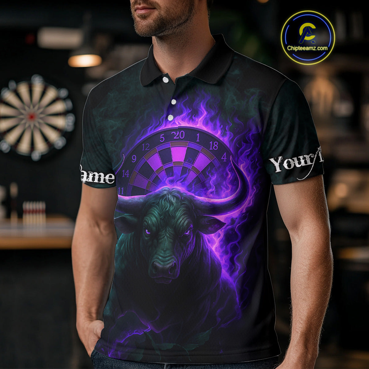 Purple Flaming Dartboard & Bull Darts Shirt For Men - Custom Name & Team Jersey NYN0606