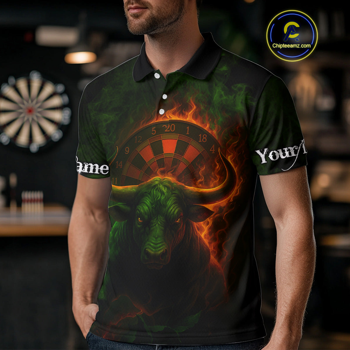 Orange Flaming Dartboard & Bull Darts Shirt For Men - Custom Name & Team Jersey NYN0607