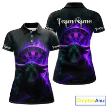 Load image into Gallery viewer, Purple Flaming Dartboard &amp; Bull Darts Shirt For Women - Custom Name &amp; Team Jersey NYN0606