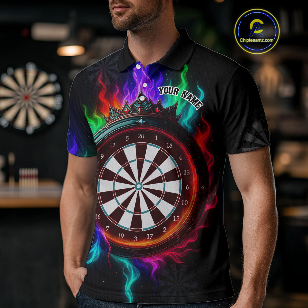 Multicolor Flaming & Red Dartboard Darts Shirt For Men - Custom Name & Team Jersey NYN0620