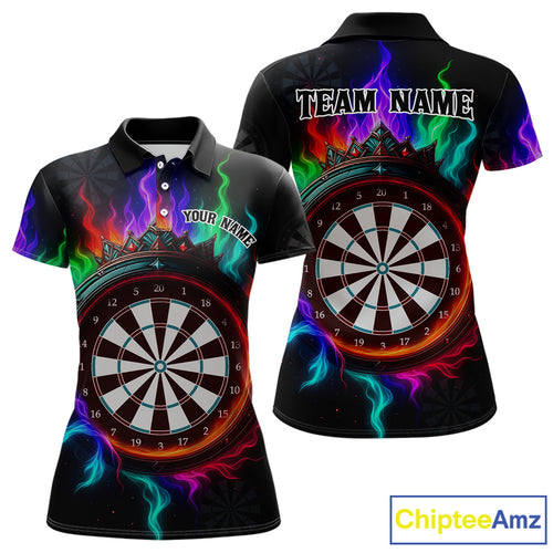 Multicolor Flaming & Red Dartboard Darts Shirt For Women - Custom Name & Team Jersey NYN0620