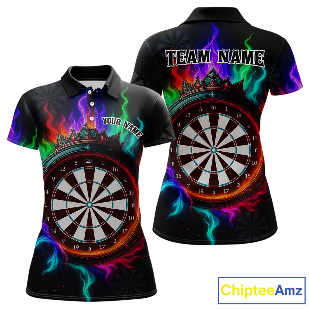 Multicolor Flaming & Red Dartboard Darts Shirt For Women - Custom Name & Team Jersey NYN0620