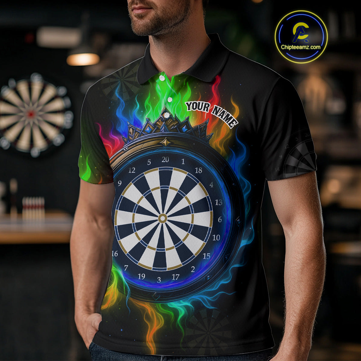 Multicolor Flaming & Blue Dartboard Darts Shirt For Men - Custom Name & Team Jersey NYN0621