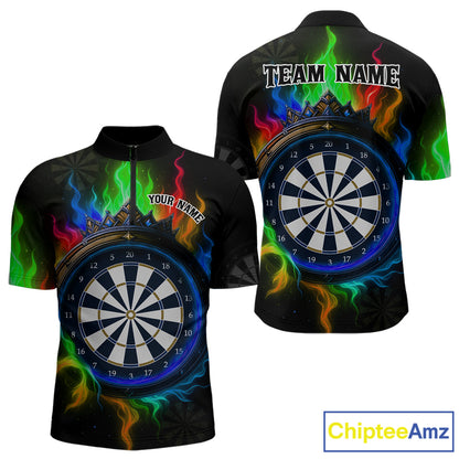 Multicolor Flaming & Blue Dartboard Darts Shirt For Men - Custom Name & Team Jersey NYN0621
