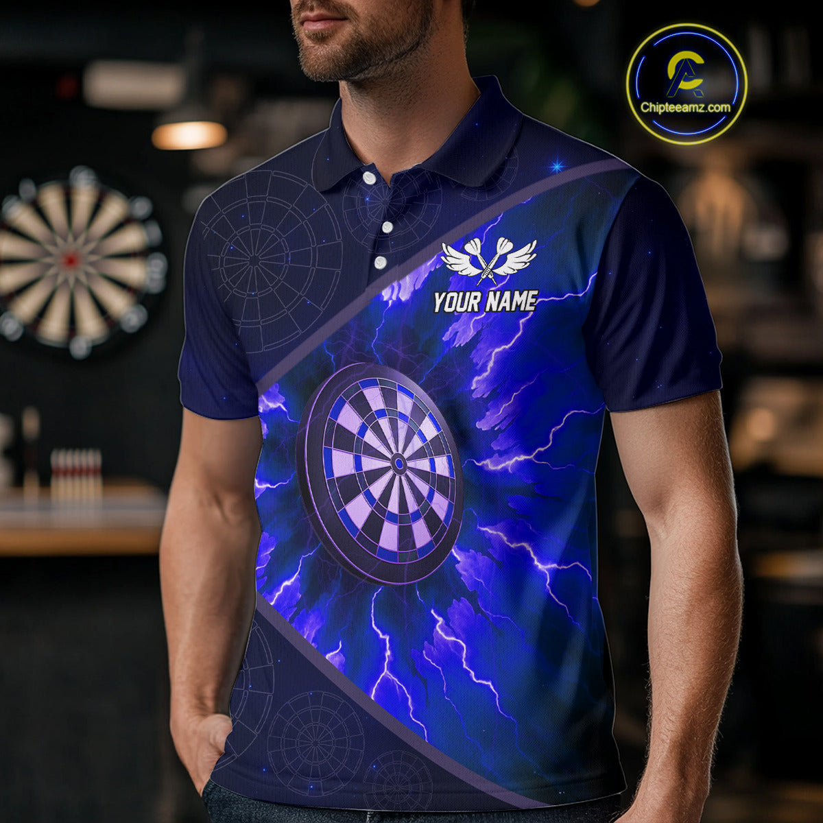 Thunder Dartboard 3D Darts Shirt For Men Custom Name & Team Jersey | Opt3 - Blue NYN0644
