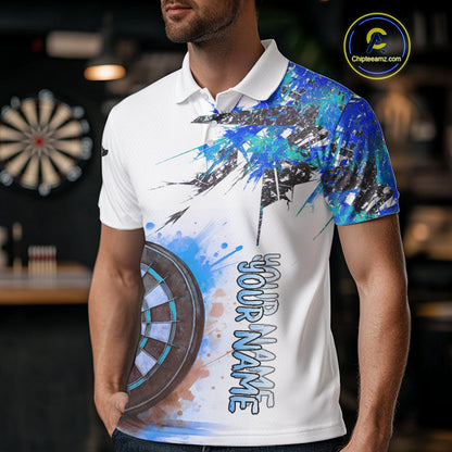 Custom Grey And Blue Splashed Dartboard Darts Polo Shirt For Men Darts Team Jerseys NYN0947