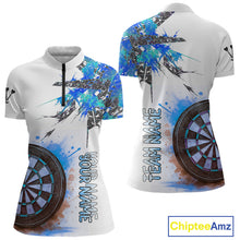 Load image into Gallery viewer, Custom Grey And Blue Splashed Dartboard Darts 1/4-Zip Shirt For Women Darts Team Jerseys NYN0947