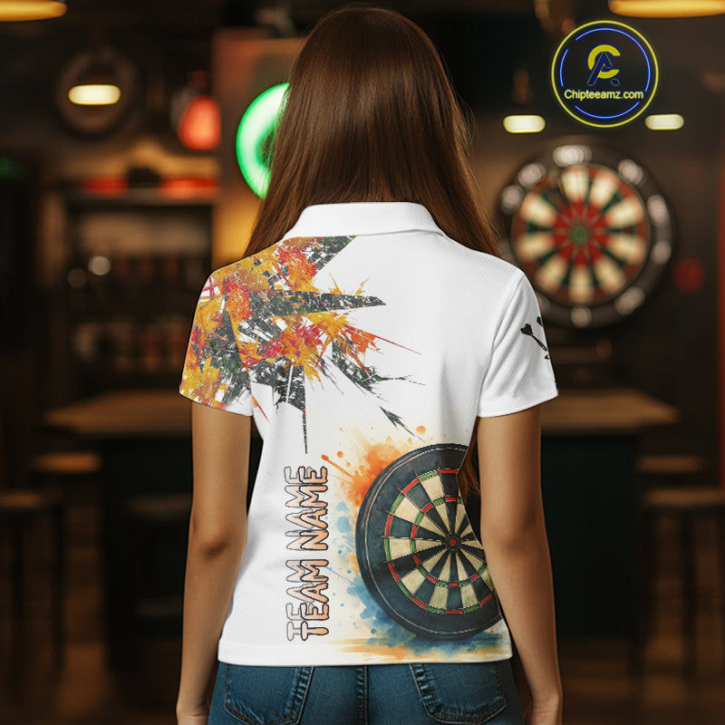 Custom Grey And Yellow Splashed Dartboard Darts Polo Shirt For Women Darts Team Jerseys NYN0948
