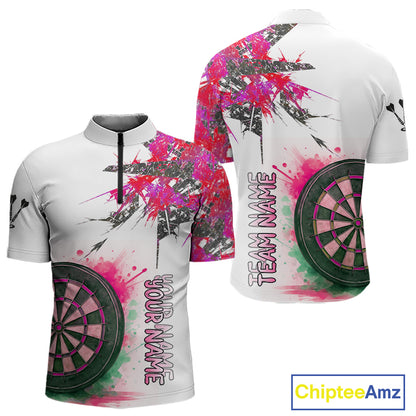 Custom Grey And Pink Splashed Dartboard Darts 1/4-Zip Shirt For Men Darts Team Jerseys NYN0949