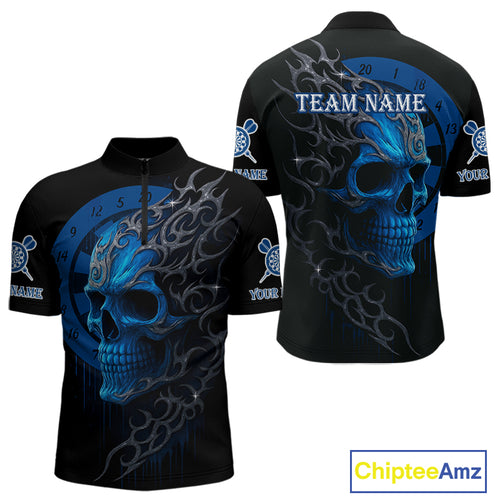 Custom Blue Skull Dartboard 1/4-Zip Dart Shirt Personalized Outfits Dart Jersey For Men NYN1316